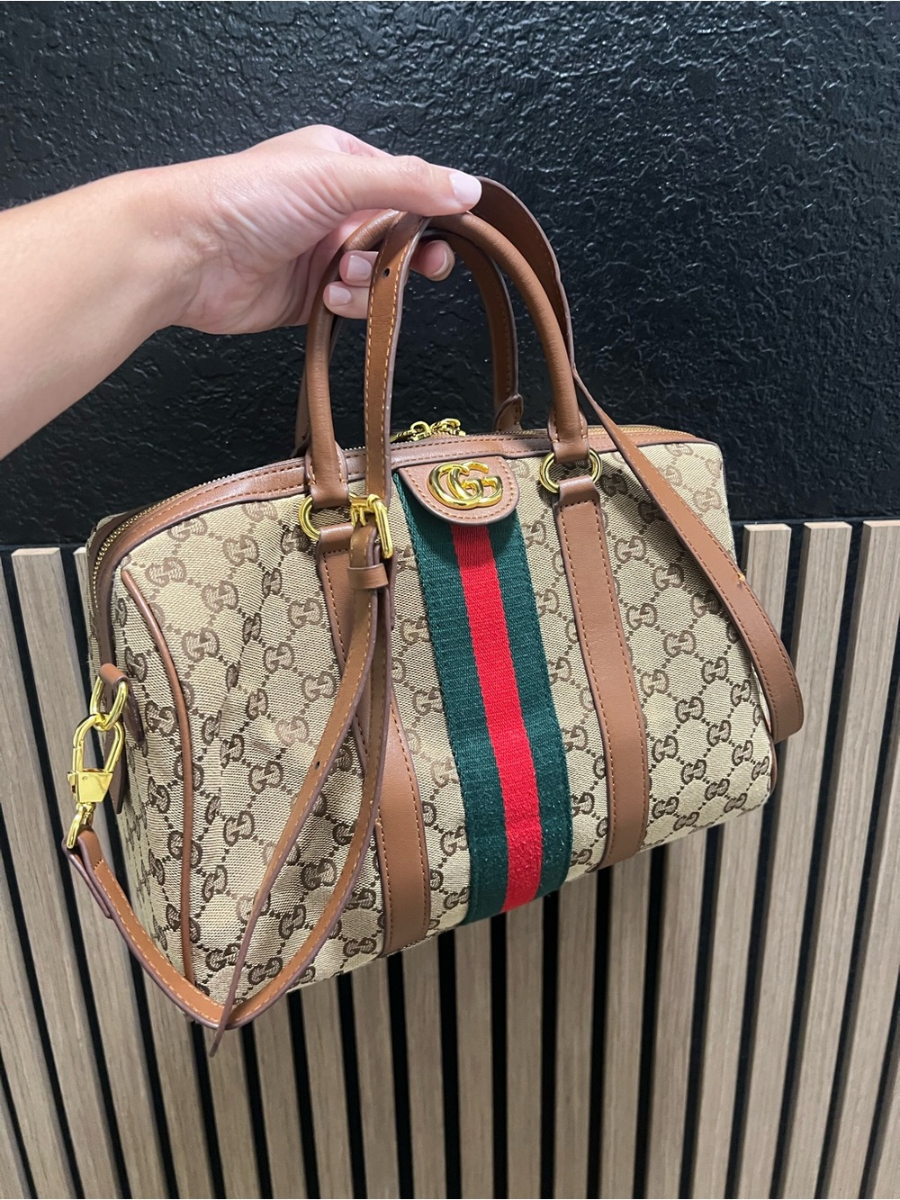 Gucci Beige GG Canvas Satchel with Brown Trim and Green-Red Web Stripe